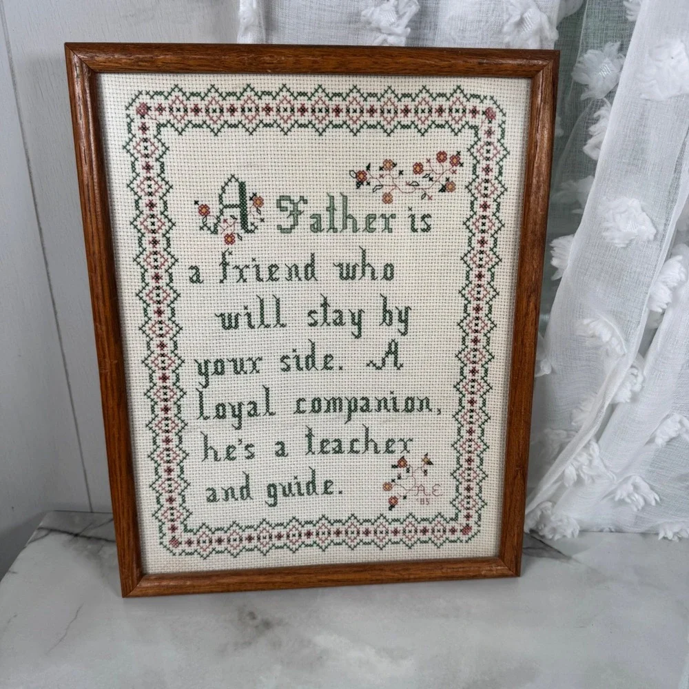 Vintage 1985 Finished Cross Stitch A Father is a Friend Poem Framed Father's Day